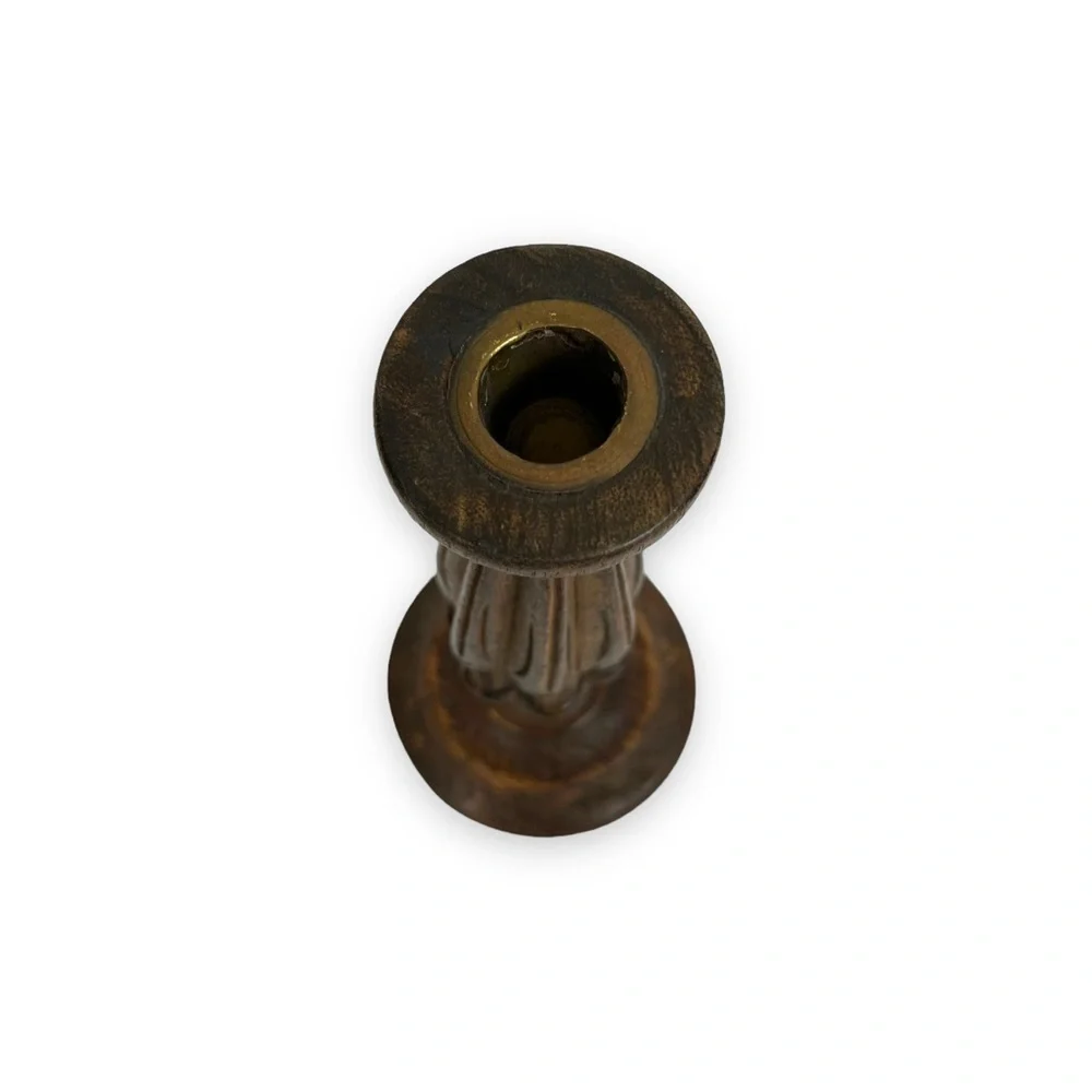 Candle Stick Holders Set of 2 Wooden Hand Carved Vintage Leaf Decor